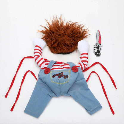Adjustable polyester pet costume with wig and foam knife accessories, perfect for Halloween celebrations with your furry friend