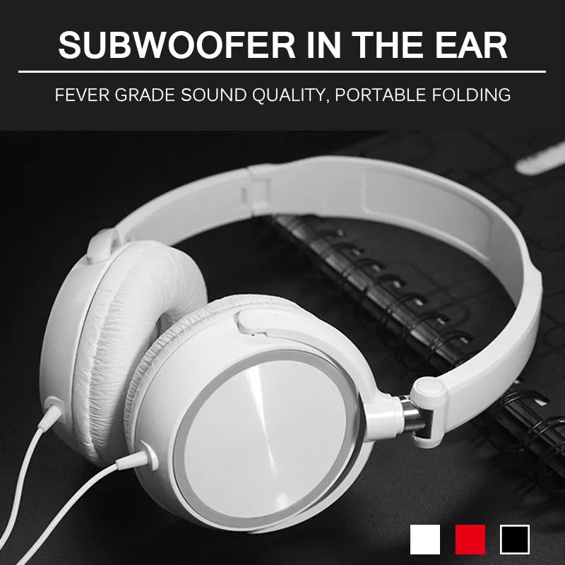 Black folding over-ear wired headphones with adjustable headband and 3.5mm plug on a white background.