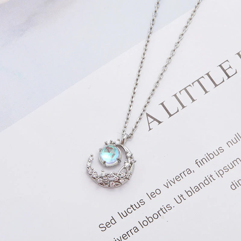 Ladies Moon Necklace with diamond-processed alloy pendant and adjustable chain