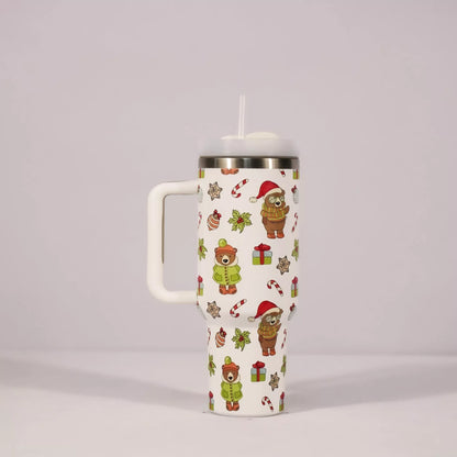 Christmas pattern stainless steel vacuum tumbler with handle and straw