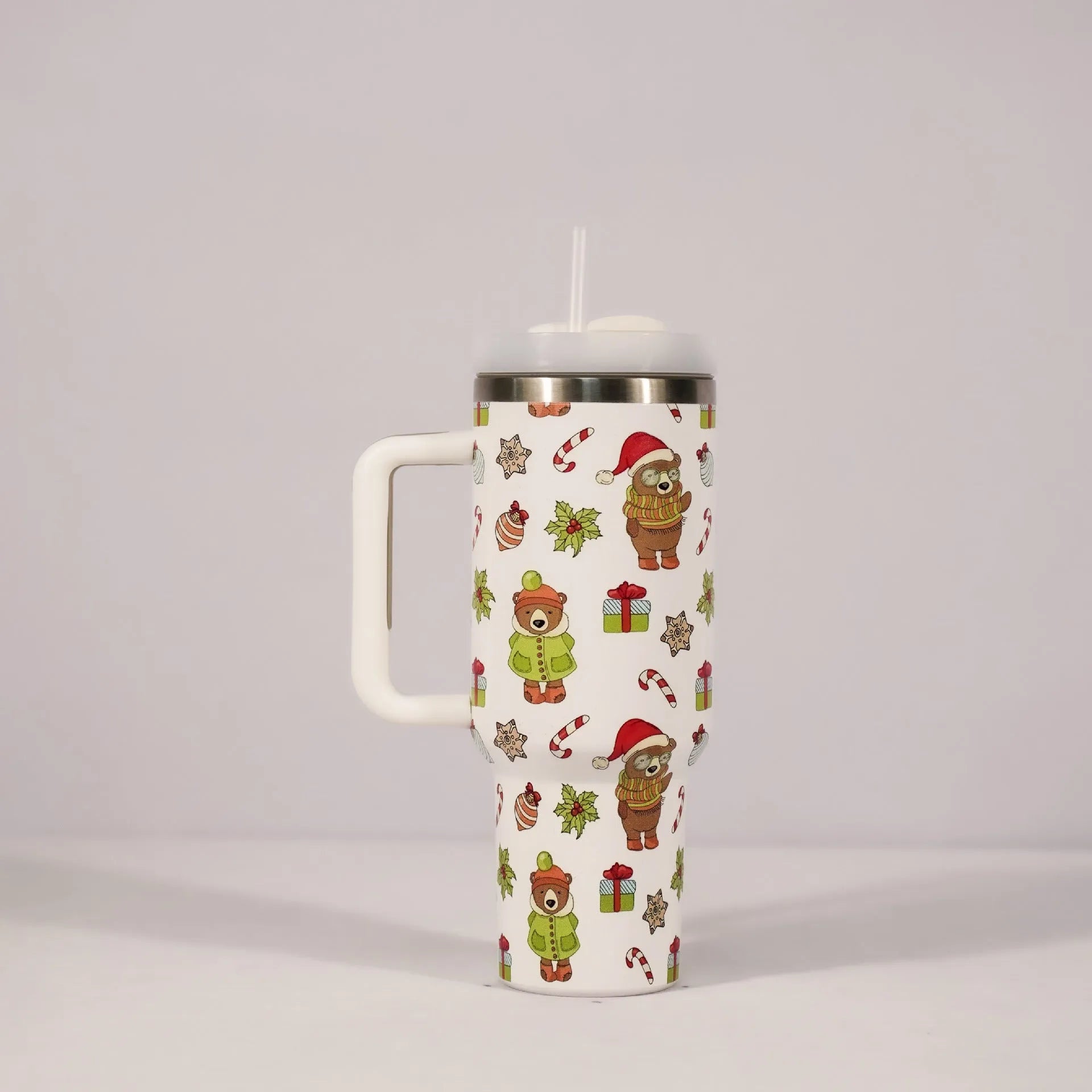 Stainless steel travel tumbler with handle, 1200ml capacity, Christmas pattern design, car cup holder compatible