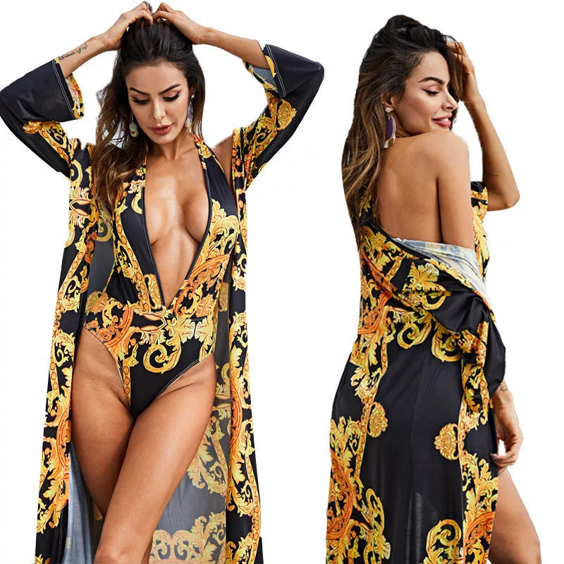 Printed cloak bikini in black and white, sizes M to 2XL, lightweight polyester fabric