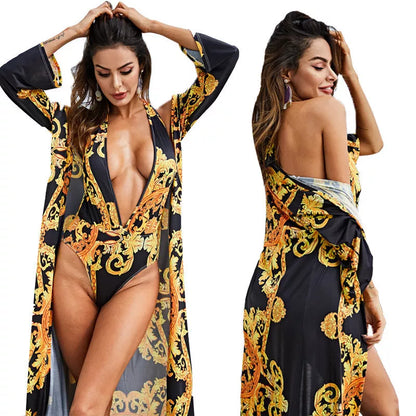 Printed cloak bikini in black and white, sizes M to 2XL, lightweight polyester fabric