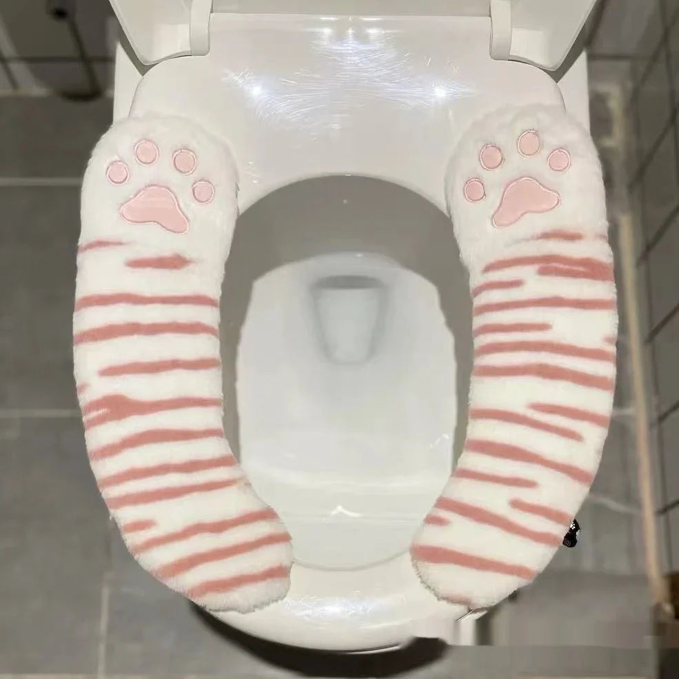 Cartoon stripe toilet seat cushion with plush material and waterproof adhesive backing