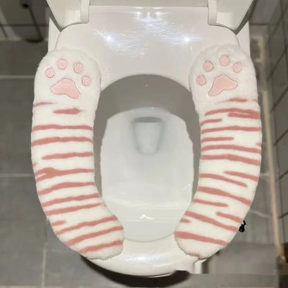 Cartoon stripe toilet seat cushion with plush material and waterproof adhesive backing