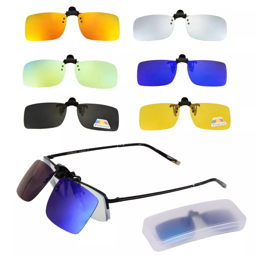 Square frame male sunglasses clip with resin lens for secure sunglass protection