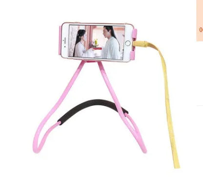 Neck phone holder with 360-degree rotating clamp in multiple colours, holding a smartphone