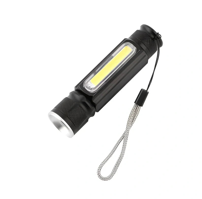 Black Soringrad rechargeable flashlight with magnet base, T6+COB lights, 18650 battery, 200m range for hiking and camping