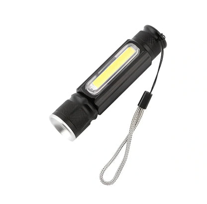 Black Soringrad rechargeable flashlight with magnet base, T6+COB lights, 18650 battery, 200m range for hiking and camping