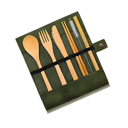 Green black reusable bamboo utensils set including 20cm spoon fork knife straw chopsticks brush and 22x19cm pouch for travel