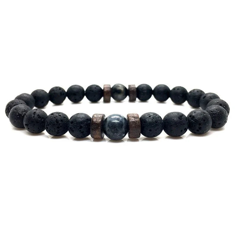 Stylish men's bracelet made with natural volcanic stone, flash stone, and wood chip in a geometric, mosaic-like design