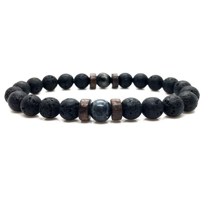 Stylish men's bracelet made with natural volcanic stone, flash stone, and wood chip in a geometric, mosaic-like design