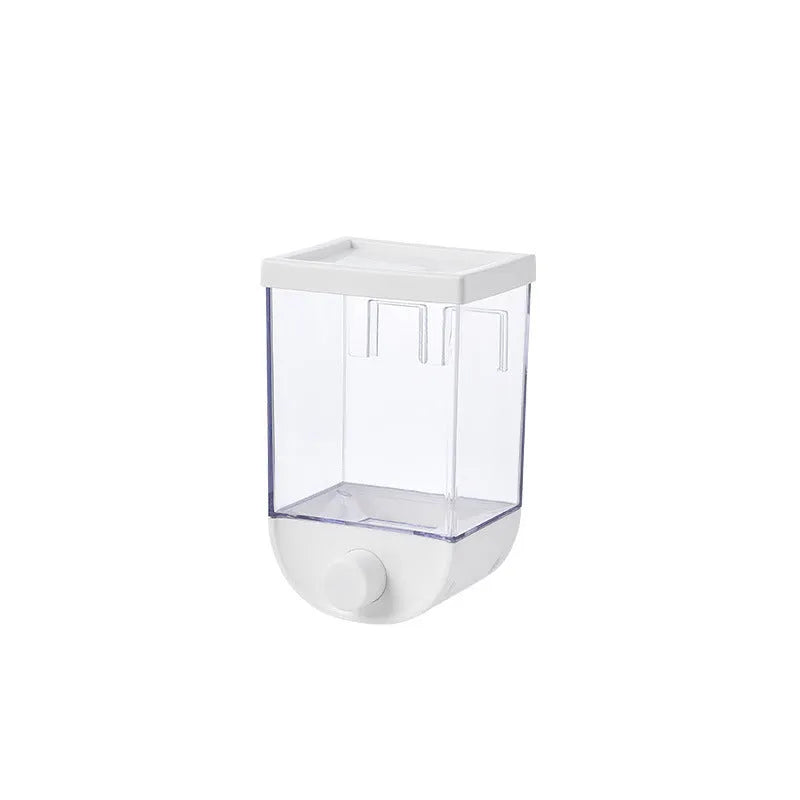 White wall mounted transparent food storage container with easy press cereal dispenser mechanism