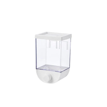 White wall mounted transparent food storage container with easy press cereal dispenser mechanism