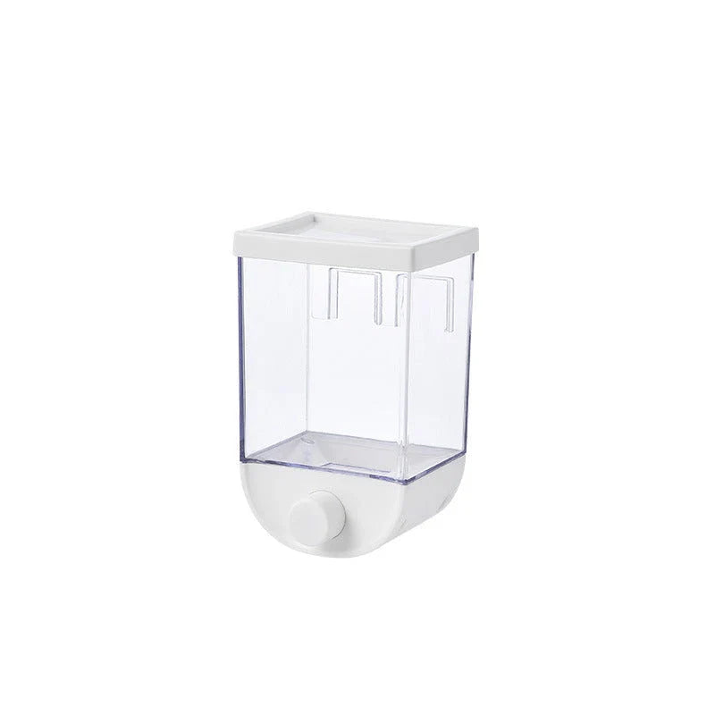 Sleek kitchen storage canister with cereal dispenser and wall-mountable design for organized, space-saving storage