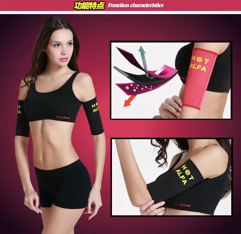 Women's Sauna Arm Slimming Sleeve Wraps in black and red for weight loss and arm shaping