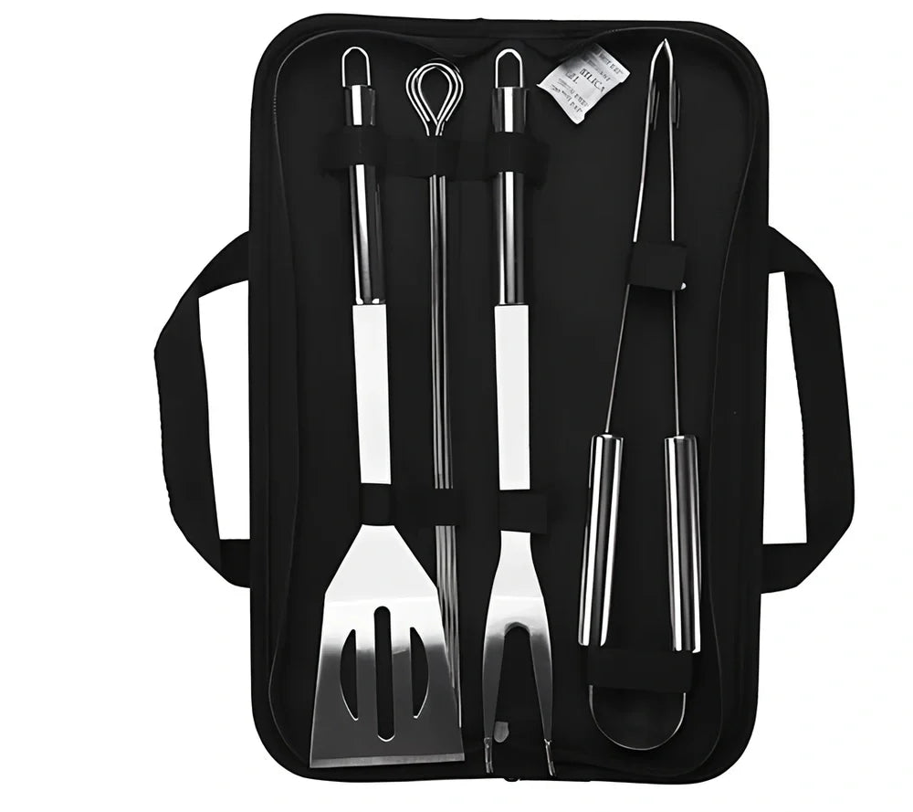 10-piece stainless steel BBQ tool set with shovel, knife, clip, strings, fork, brush in storage bag