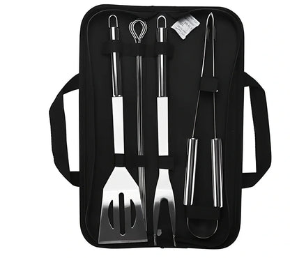 10-piece stainless steel BBQ tool set with shovel, knife, clip, strings, fork, brush in storage bag