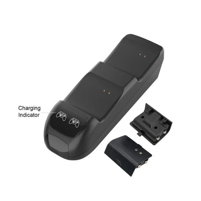 Black Xbox Series X/S dual controller charging station with LED indicators and Type-C cable
