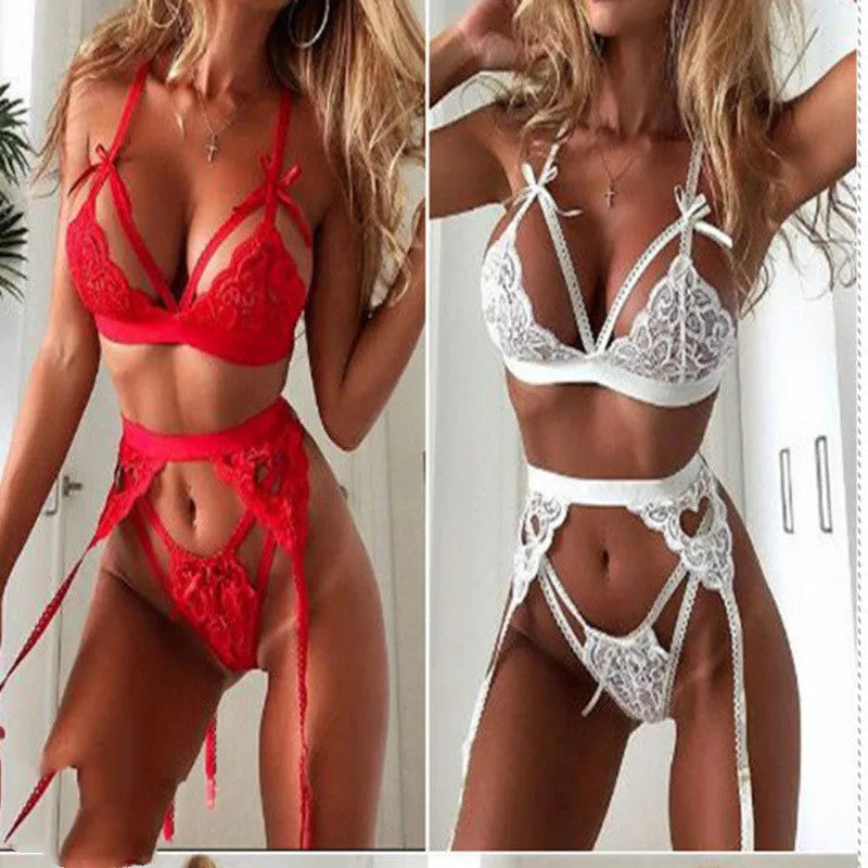 Red and white lace lingerie set for women with cute girl style design