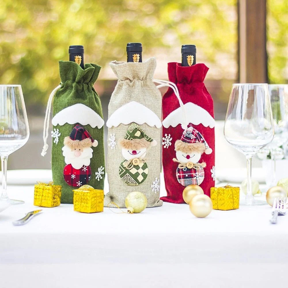 Festive Christmas wine bottle socks in vibrant colors, perfect for holiday decor