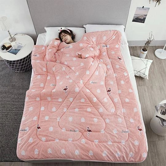 Cozy fleece blanket with sleeves in various colors, perfect for relaxing and enjoying indoor activities