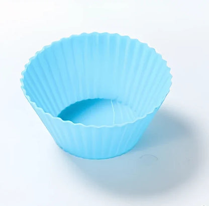 Six different coloured silicone cupcake liners showing fluted edges and nonstick surface