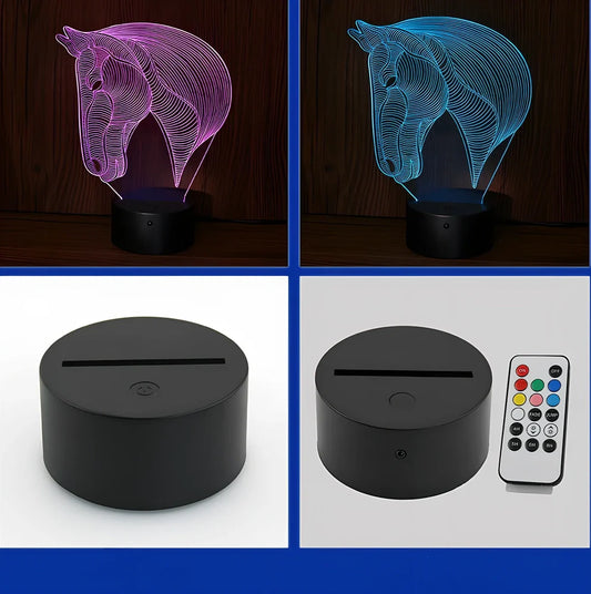 Horse head shaped LED night light with touch control showing multiple colour options