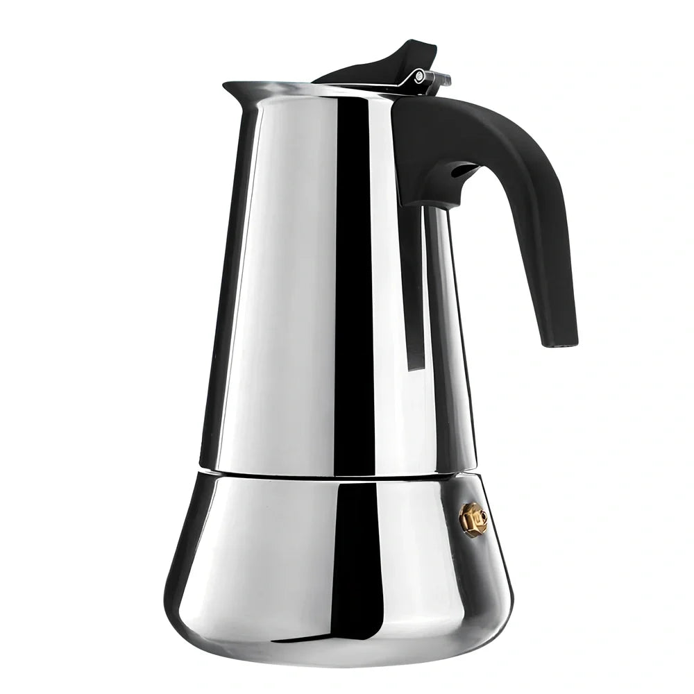 Moka coffee maker with plastic handle and stainless steel body in 100ML-450ML sizes
