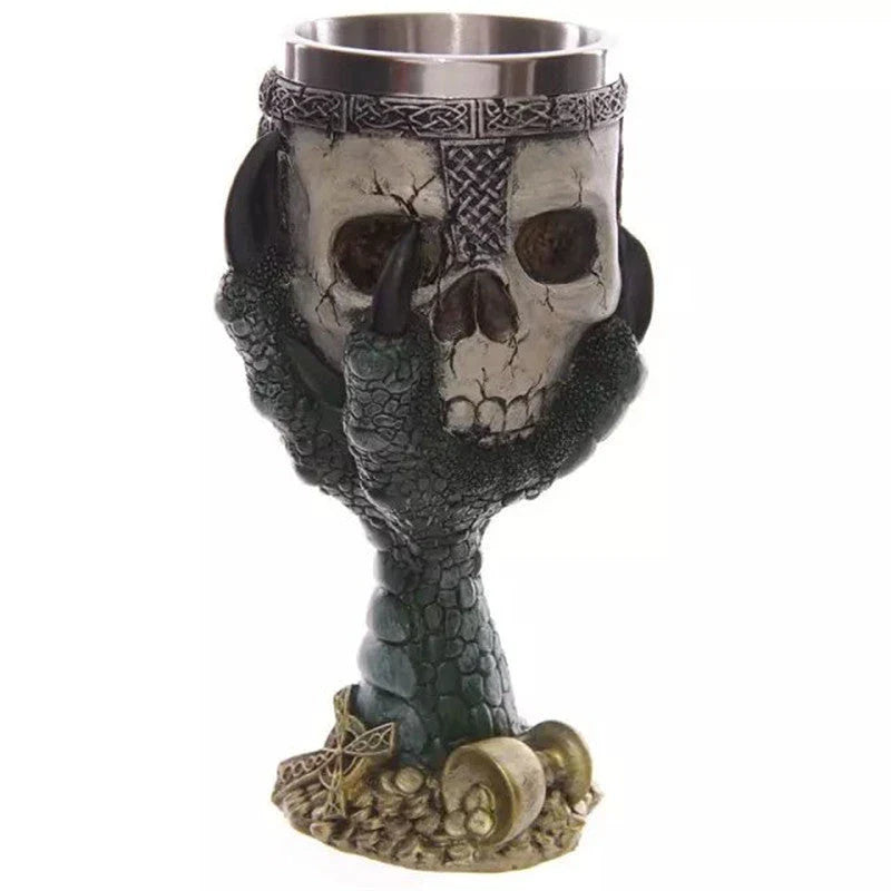 Chilling skull-themed wine goblet with a 3D skull design, made from premium resin and stainless steel for long-lasting durability and visual impact.