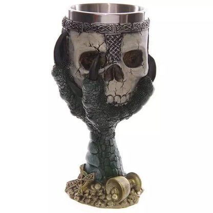 Chilling skull-themed wine goblet with a 3D skull design, made from premium resin and stainless steel for long-lasting durability and visual impact.