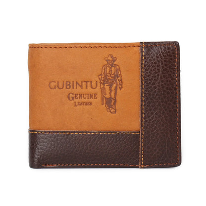 Leather wallet with personality stitching showing 3-fold design, internal compartments, and cowhide leather texture