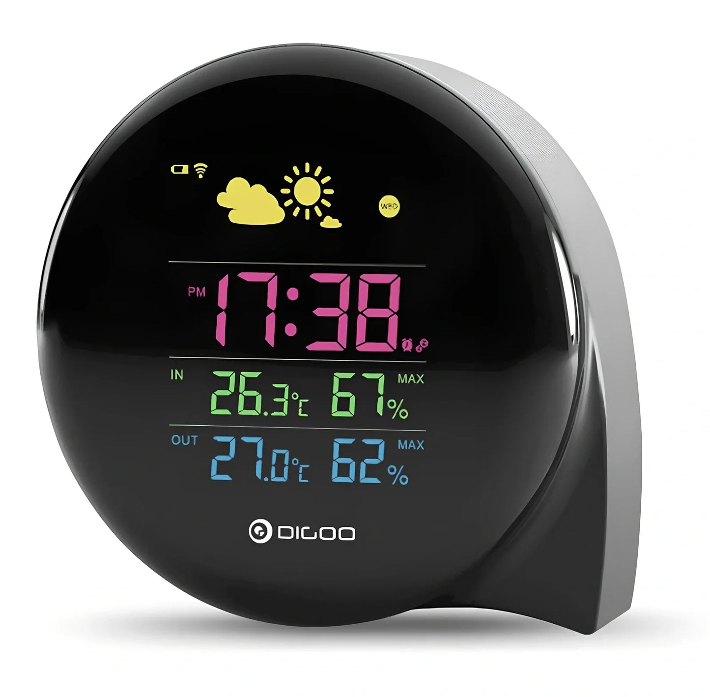 Smart weather forecast clock showing temperature, humidity, and weather conditions with wireless outdoor sensor