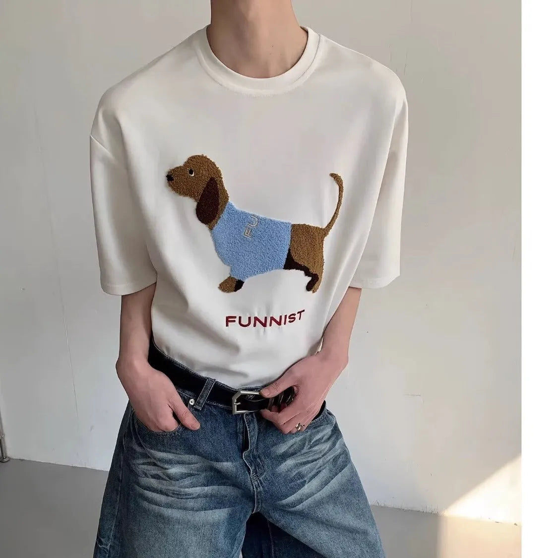 Men's grey cotton t-shirt with embroidered sausage dog design on front, short sleeves, round neck