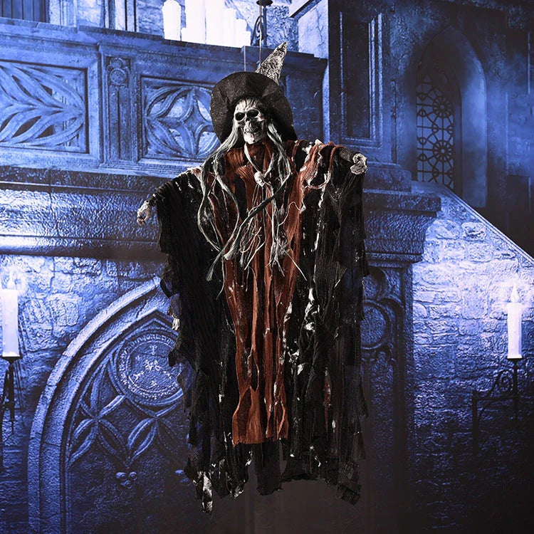 A spooky hanging skeleton ghost decoration with a chilling howl and flashing red eyes