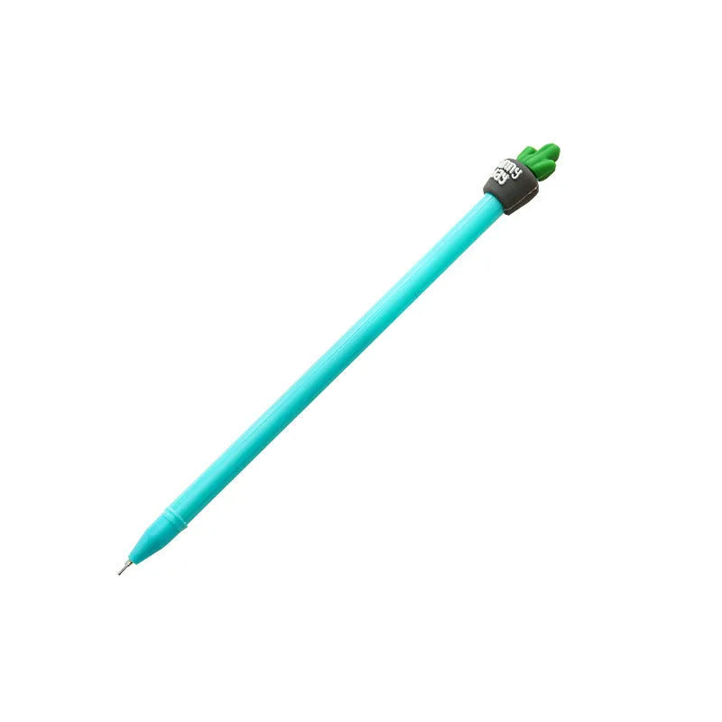 Potted cactus gel pen with silicone pot base, 0.5mm refill, approximately 18.5cm long, shown in Blue or Green.