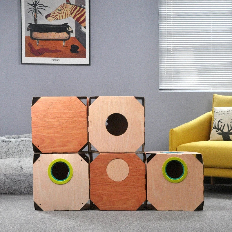 DIY multi-purpose cat hideaway box with cardboard construction and hair removal features