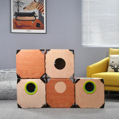 DIY multi-purpose cat hideaway box with cardboard construction and hair removal features