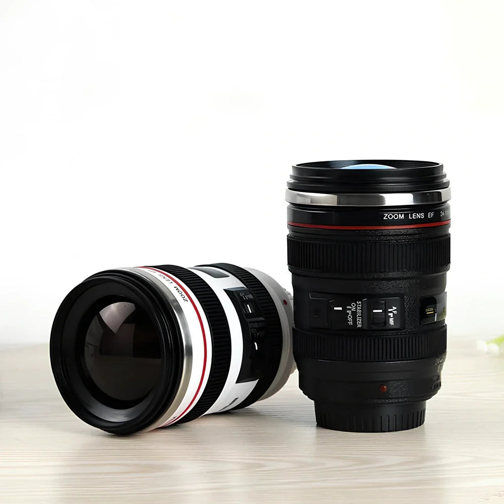 Stainless steel camera lens design travel mug with 400ml capacity and insulation