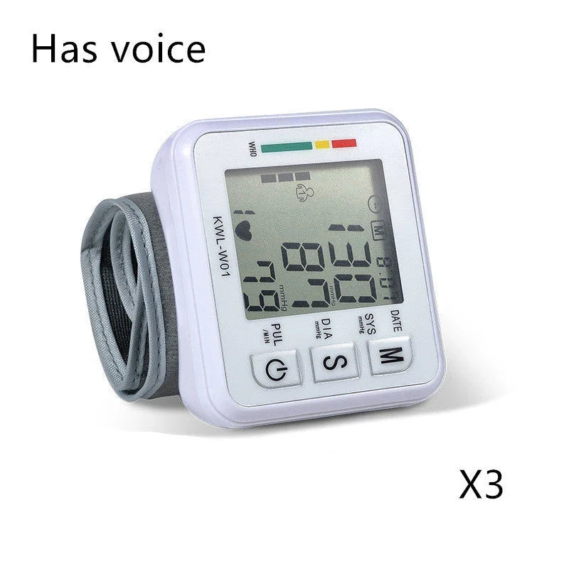 Wrist-worn digital blood pressure monitor with automatic measurement, voice playback, and advanced data tracking features