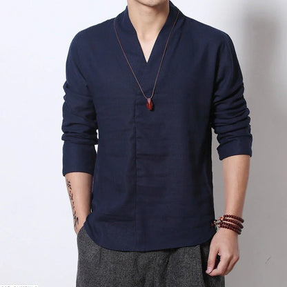 Relaxed-Fit Linen-Blend Chinese-Style Long-Sleeve Shirt for Men in White, Black, Navy, and Gray Colors