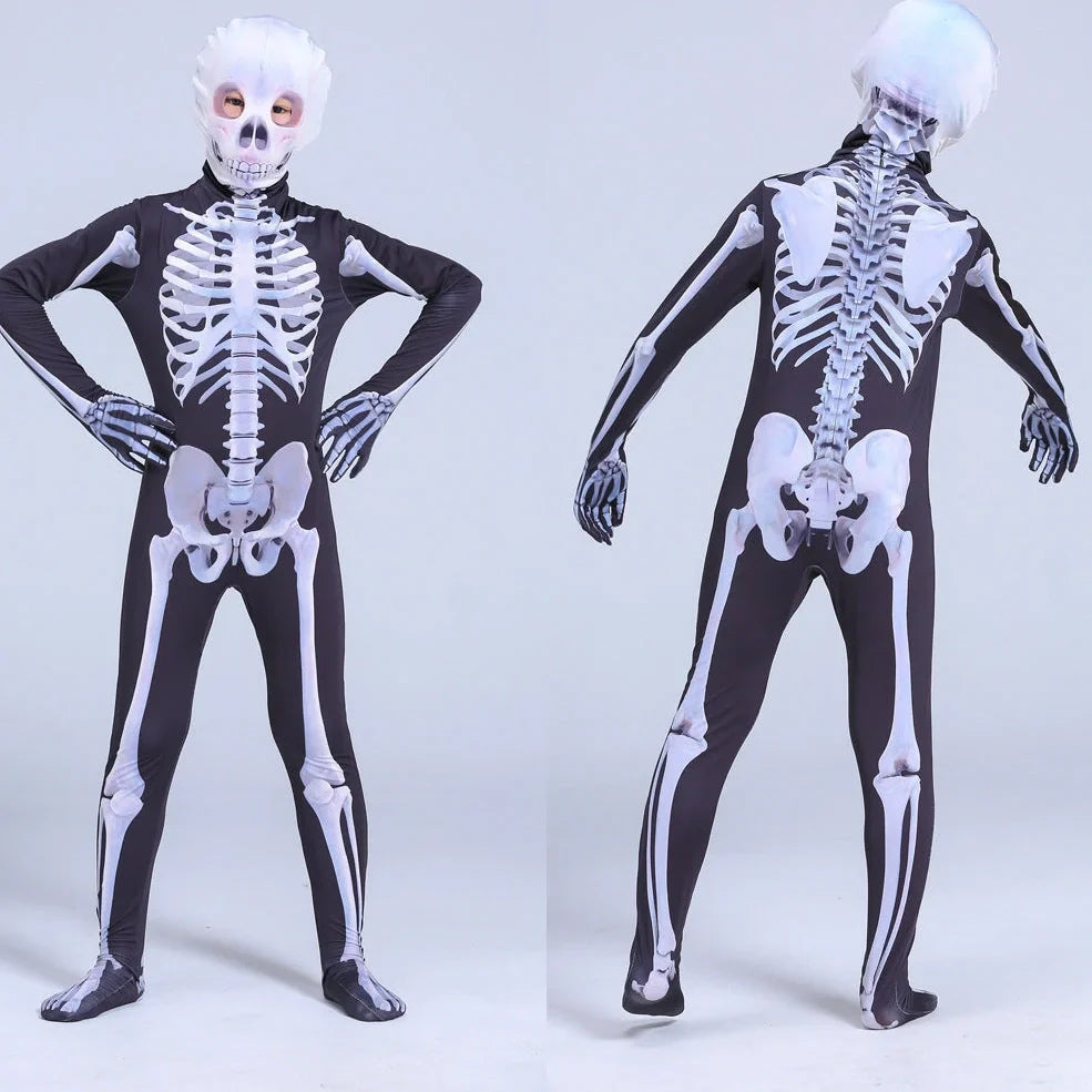 Black milk silk skeleton jumpsuit for males, 93% polyester 7% spandex, sizes 110-180, scary skull print for Halloween parties