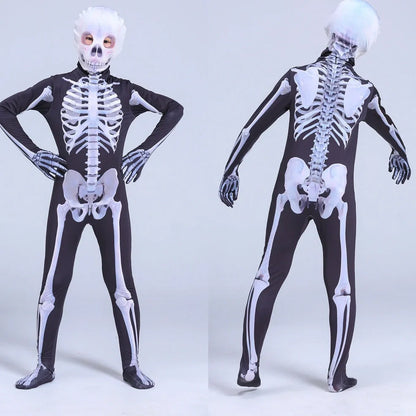 Black milk silk skeleton jumpsuit for males, 93% polyester 7% spandex, sizes 110-180, scary skull print for Halloween parties