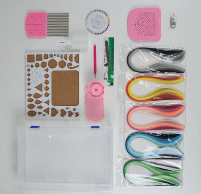 Paper craft kit showing gradient colour paper packs, paper winding disc, wave shaper, and tools in storage box