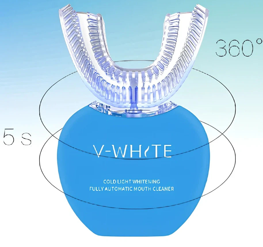 Black ultrasonic electric toothbrush with U-shaped design showing magnetic charging base and USB cable