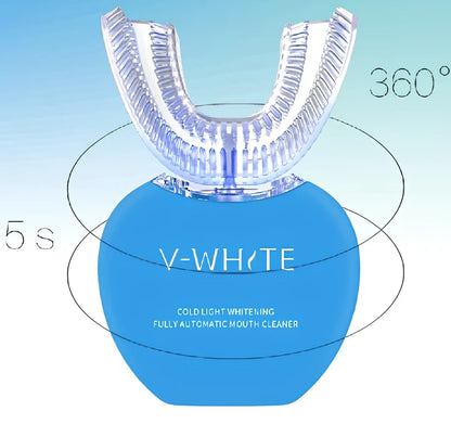 Black ultrasonic electric toothbrush with U-shaped design showing magnetic charging base and USB cable