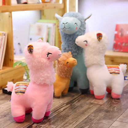 Alpaca Llama stuffed plush toy in blue, brown, white, or pink colours with soft cloth exterior