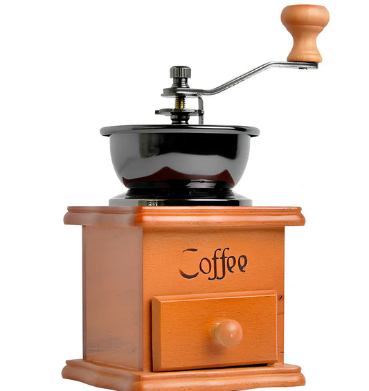 Manual coffee grinder with cast iron body, ceramic grinding core, and wooden drawer for ground coffee collection