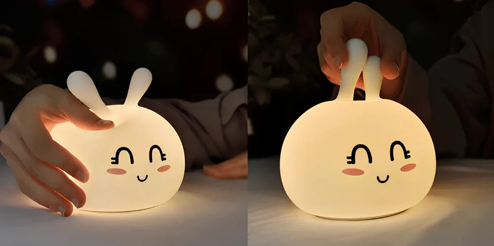 Marshmallow Bunny LED night light with shy and happy face expressions, 126x126x147mm dimensions