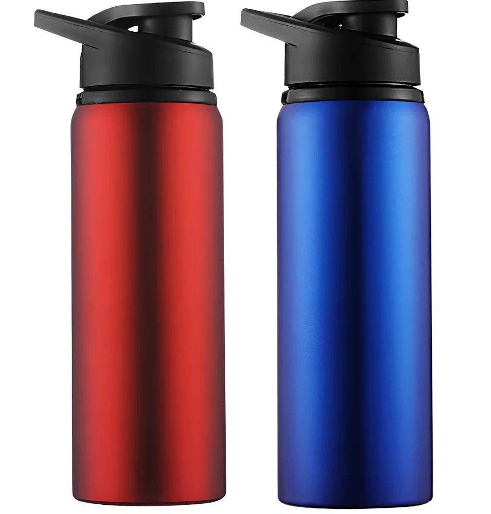 700ml stainless steel sports water bottle with red finish and black PP plastic screw-top lid